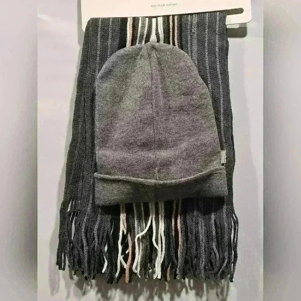 New Joseph Abboud Grey Brown Beige 100% Acrylic Knit Scarf and Hat